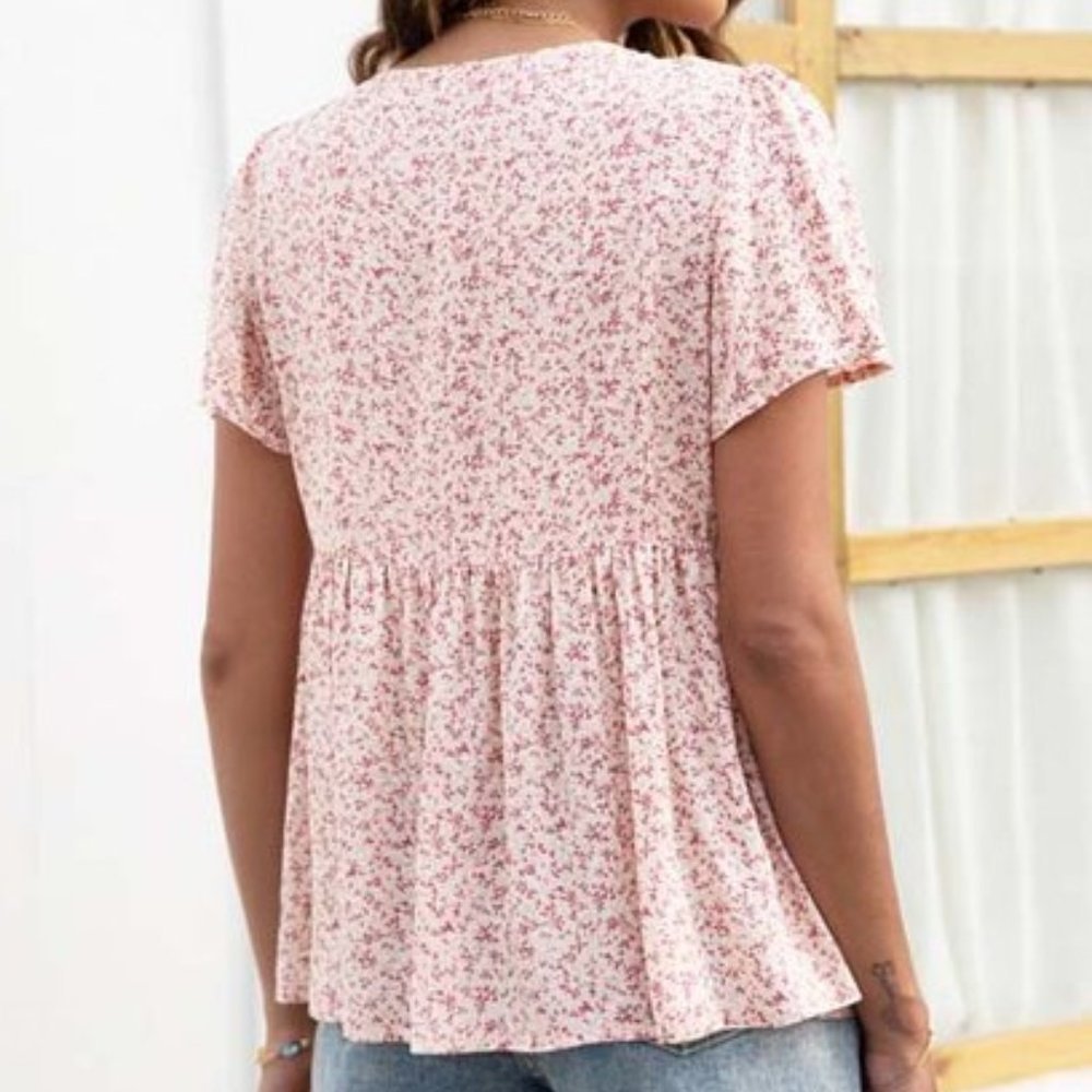 Women's Pink Ditsy Floral V-Neck Empire-Waist Top, Size Large - Picture 2 of 7